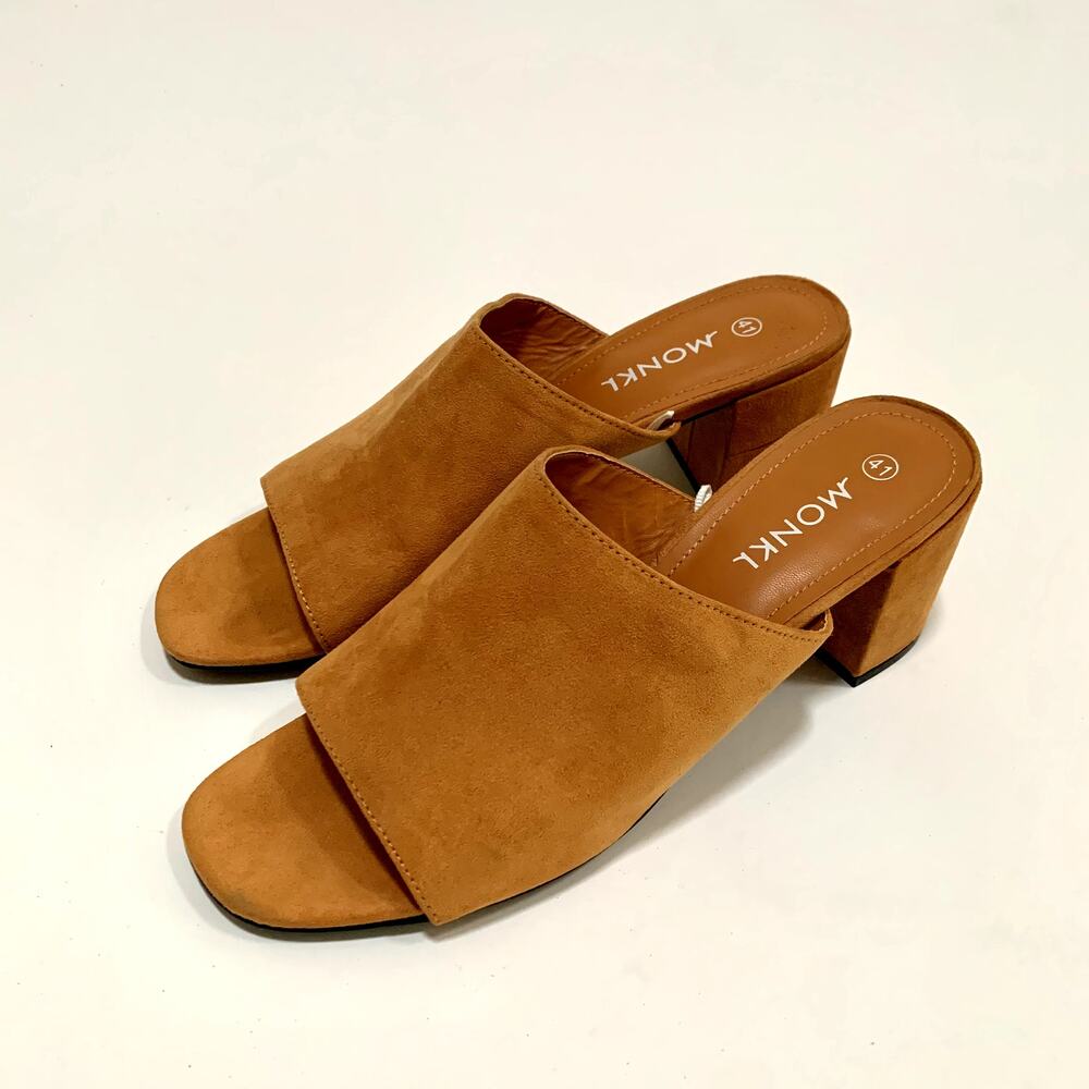 MONKI Retro Mule Block Heel Womens Size 41 US 9 Minimalist Camel Brown Open Toe
